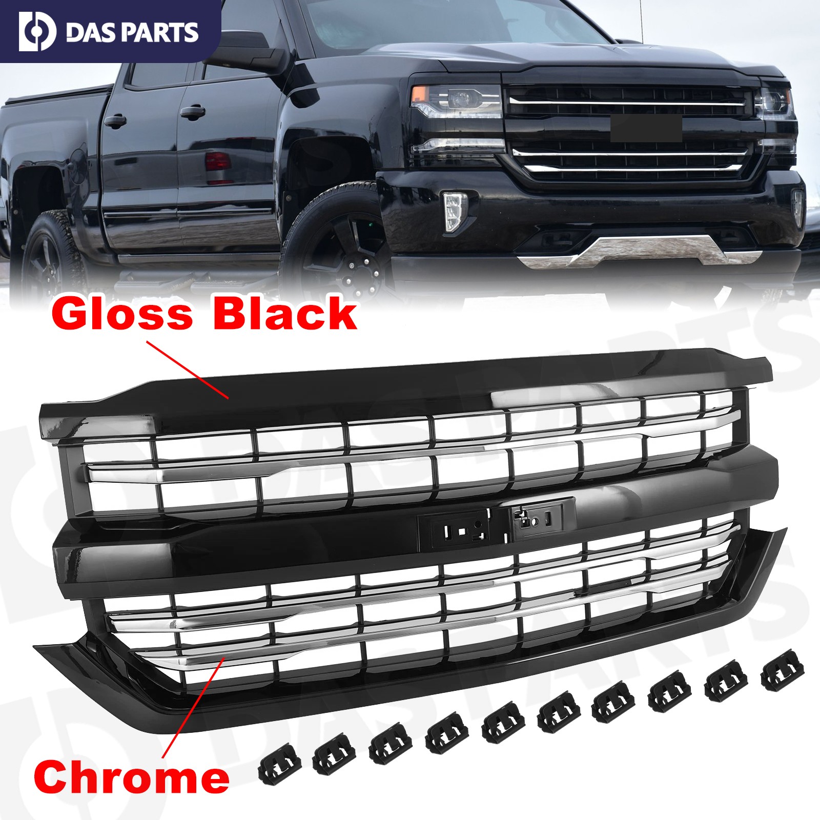 For 2016 2017 2018 Chevy Silverado 1500 Z71 Front Upper Grille Grill Gloss Black