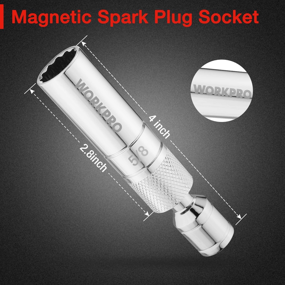 WORKPRO 5/8" Magnetic Spark Plug Socket with Design, 5/8"×4", Silver