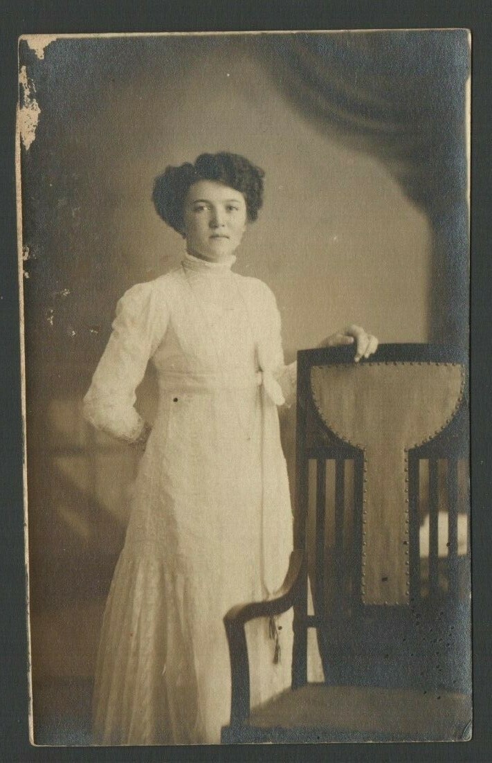 1911 Postcard Lady Wedding Dress Standing by Old Chair Kindler & Co. Hamburg