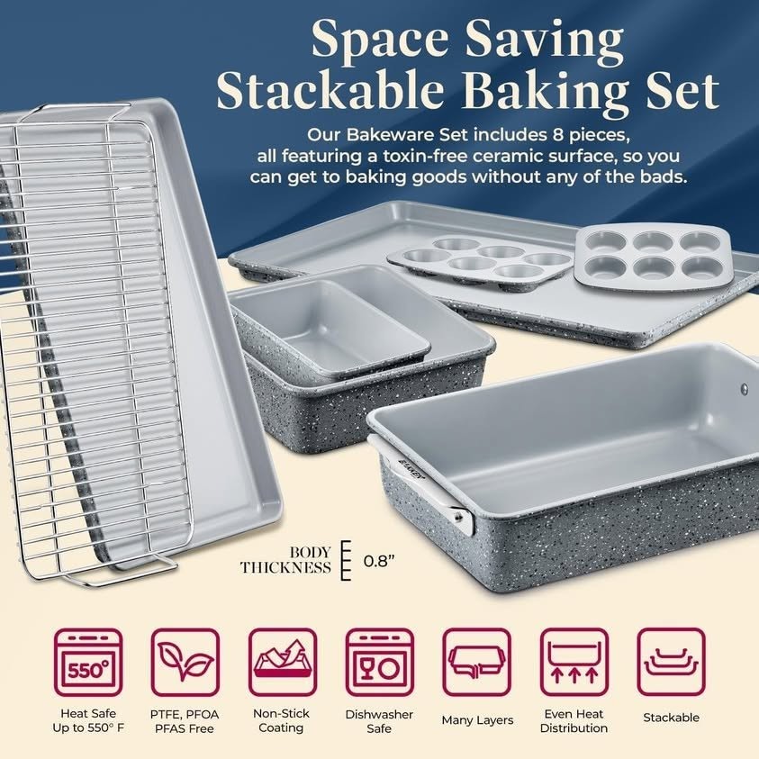 Bakken 8-Piece Stackable Bakeware Set - Ceramic Non-Stick Coating, Marble Color
