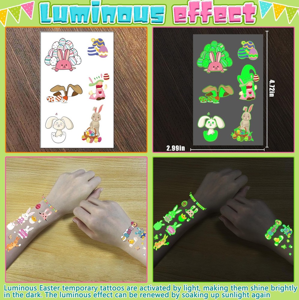 144Pcs Luminous Easter Temporary Tattoos, Egg Fillers Multicolor