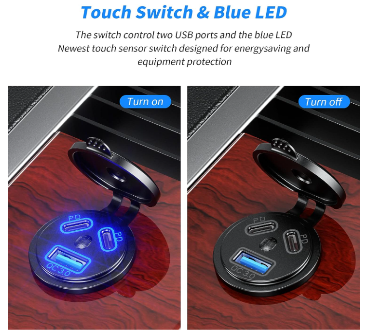 12V USB QC3.0A Quick Charge Socket & Dual PD Type C Ports--Installation Required