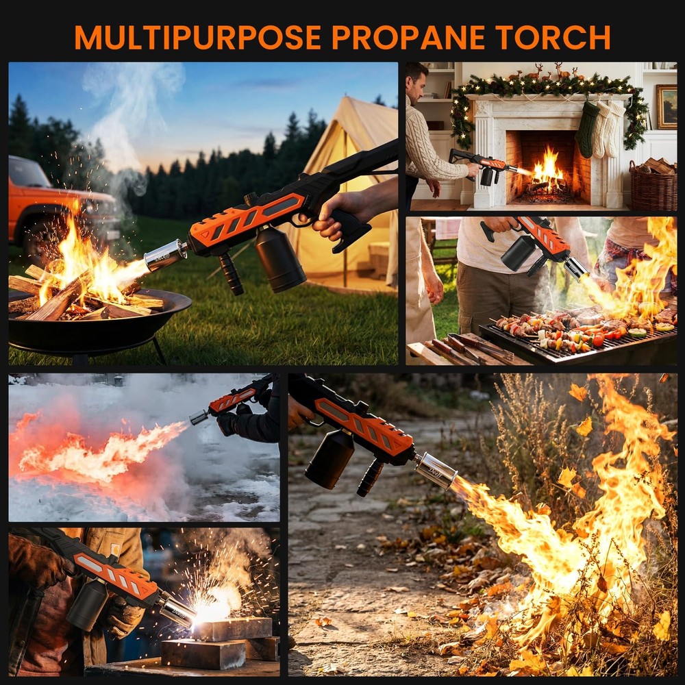 Powerful Propane Torch Gun, Adjustable Flame Thrower Kitchen Orange