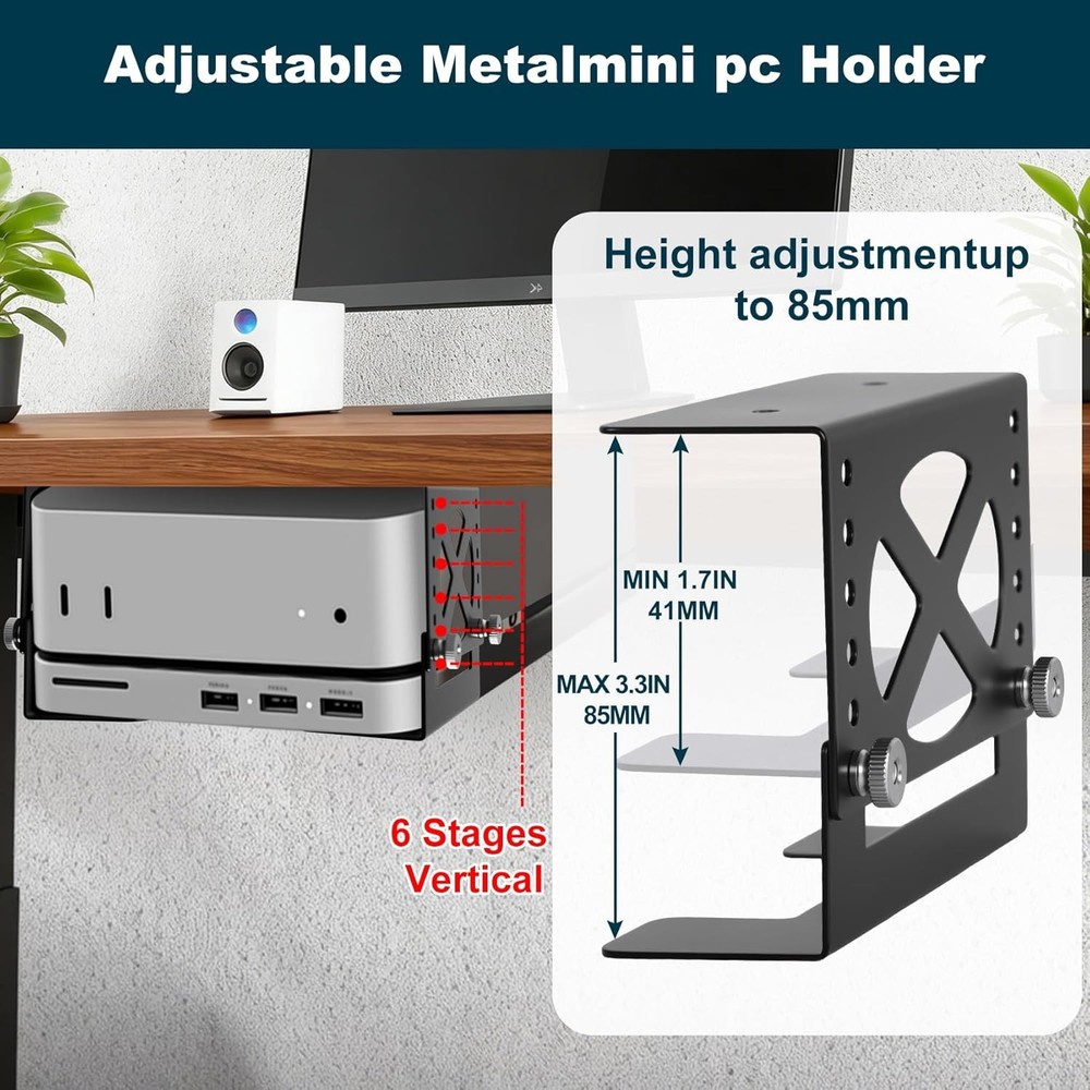 Adjustable Under Desk Mini PC Mount, 6-Level Height (1.7" to 3.3"), Width Adjust