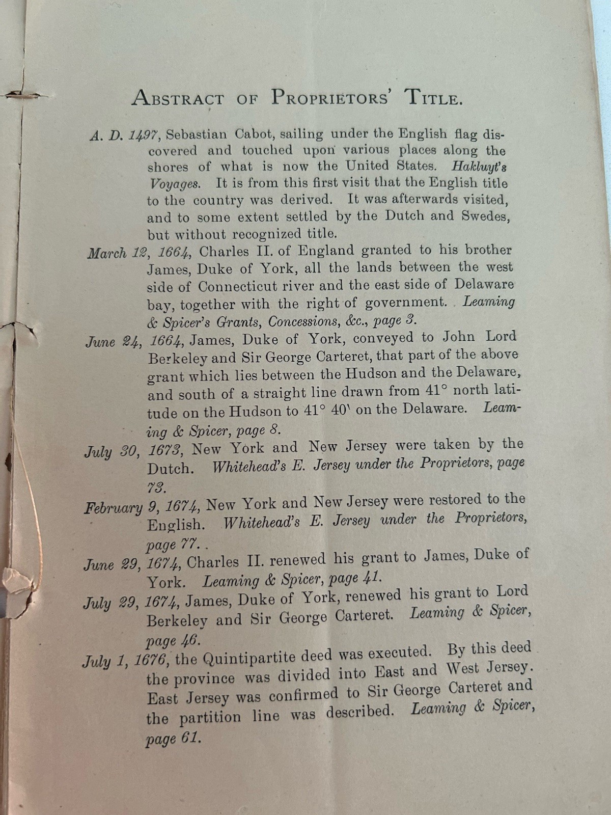 Original East New Jersey Proprietary Rights 1497-1881 Soft Wrap Booklet 38 Pages