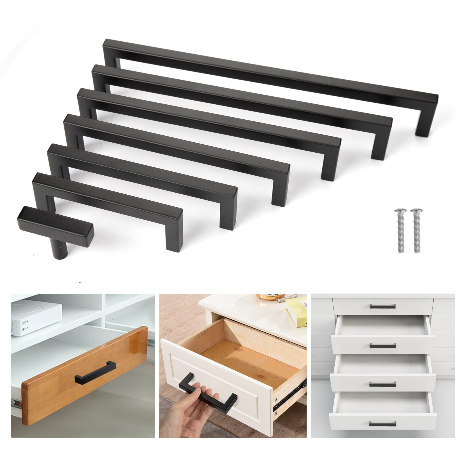 Modern Cabinet Handles Matte Black Kitchen Drawer Stainless Steel Square Pulls