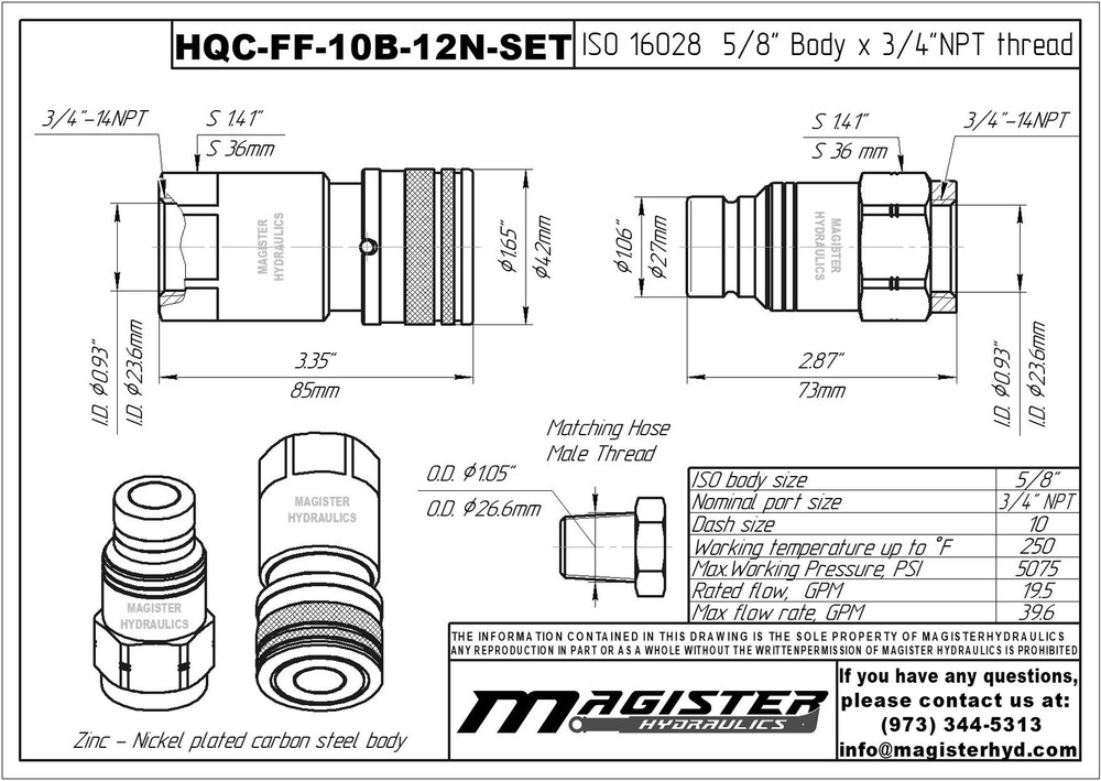 5/8″ Flat Face Hydraulic Quick Couplers Set - 3/4″ NPT Thread