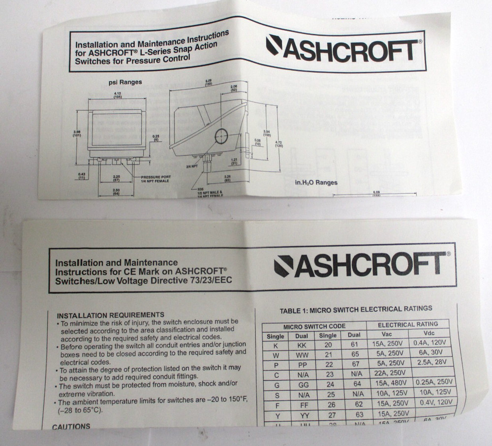 ASHCROFT , LPSN46825-X2C , PRESSURE SWITCH , RANGE : 15-PSI , SURPLUS