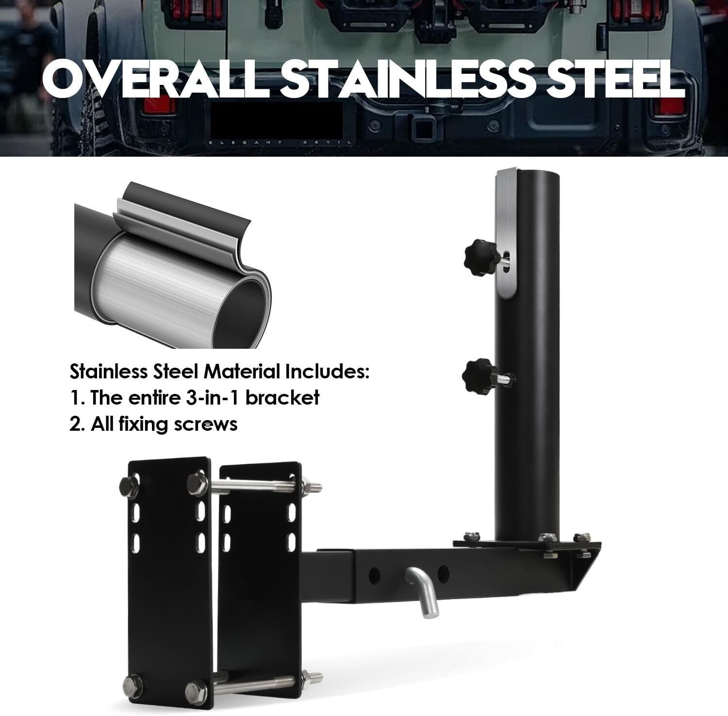 Full Stainless Steel Heavy Duty RV Flag Pole Mount,Frame/Hitch/Bumper 3 in 1