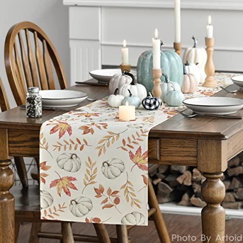 Pumpkins Fall Maple Leaves Fall Table Runner, 13" x 60", Table Runner Orange