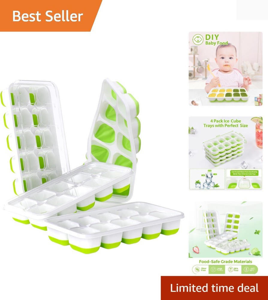 Versatile Stackable Ice Cube Tray Set with Spill-Proof Lids - 4 Silicone Trays