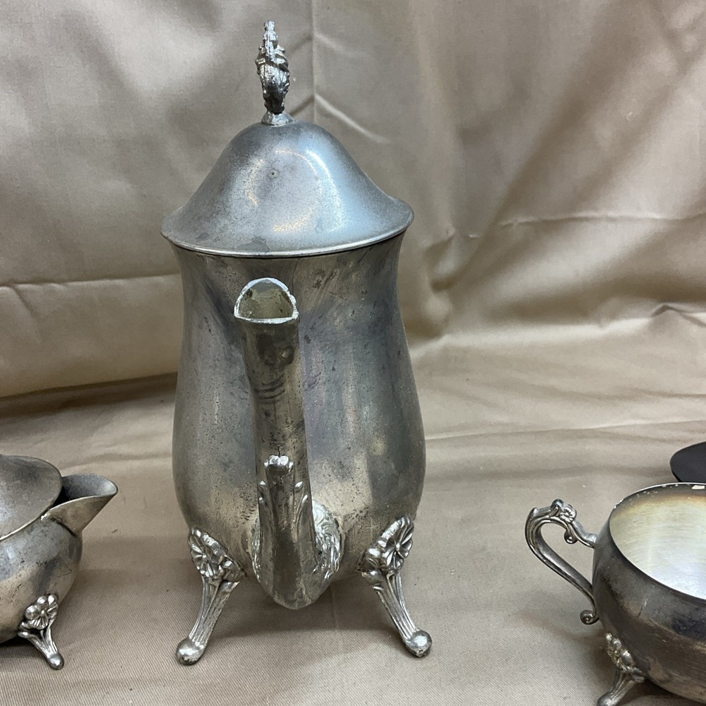 Vintage Silver Plated Footed Tea Pot With Sugar Bowl And Creamer