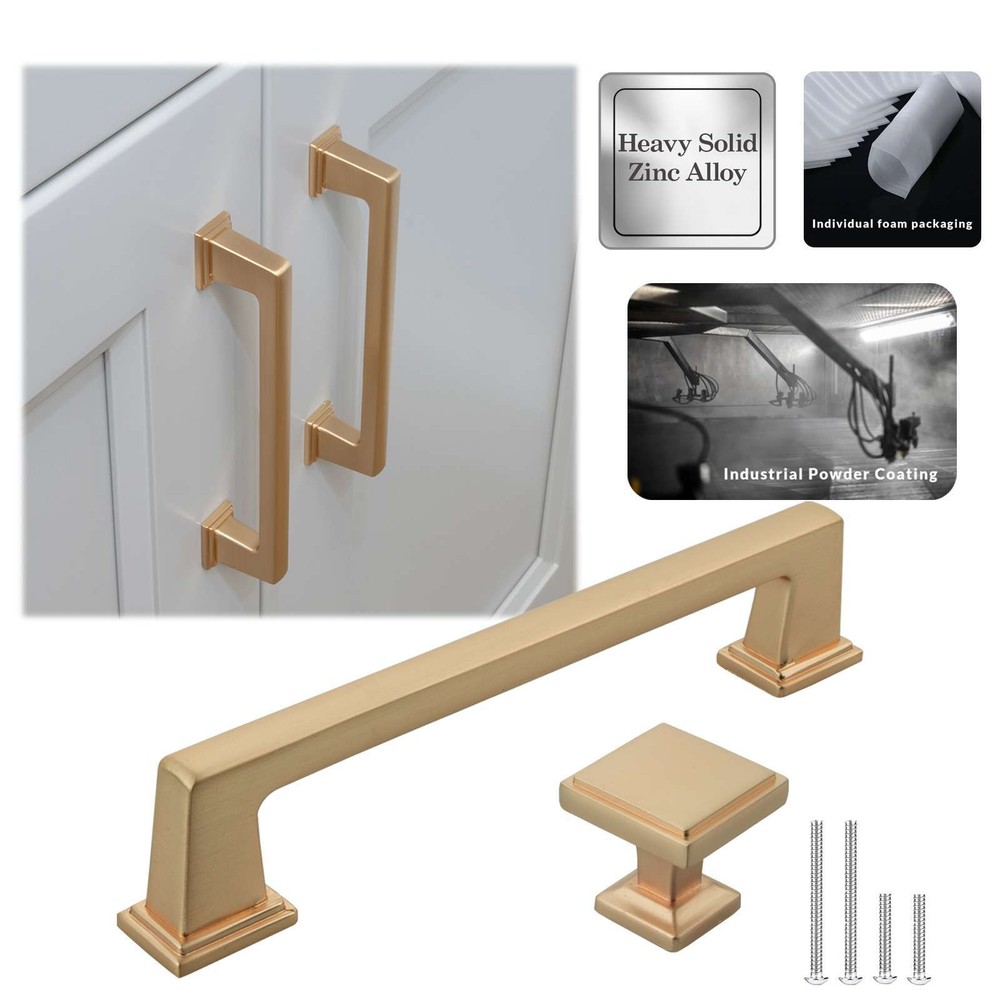 Solid Brushed Champagne Gold Square Cabinet Pulls Handles Knobs Kitchen Drawers