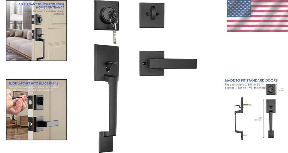 - Front Door Lock and Handle with Deadbolt - Set Includes Installation Template,