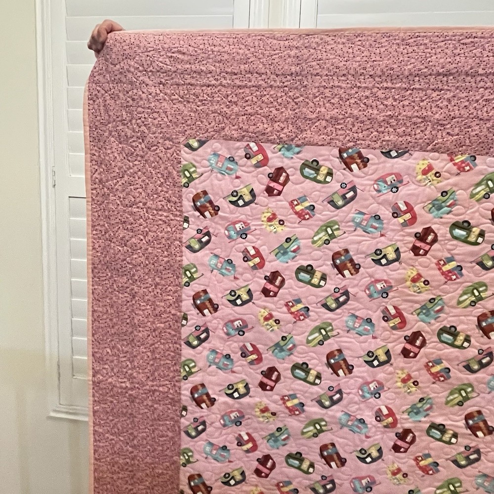 Handmade Cats and Camper Trailers Patchwork Quilt Blanket Pink
