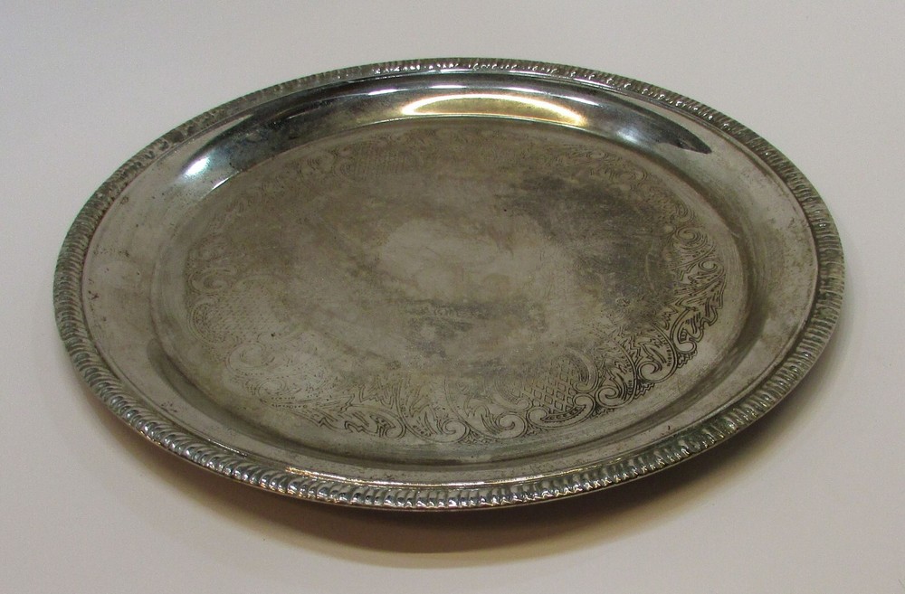 Vintage 12" dia Round Silverplated 11.8 oz Etched Serving Silver Tea Set Tray
