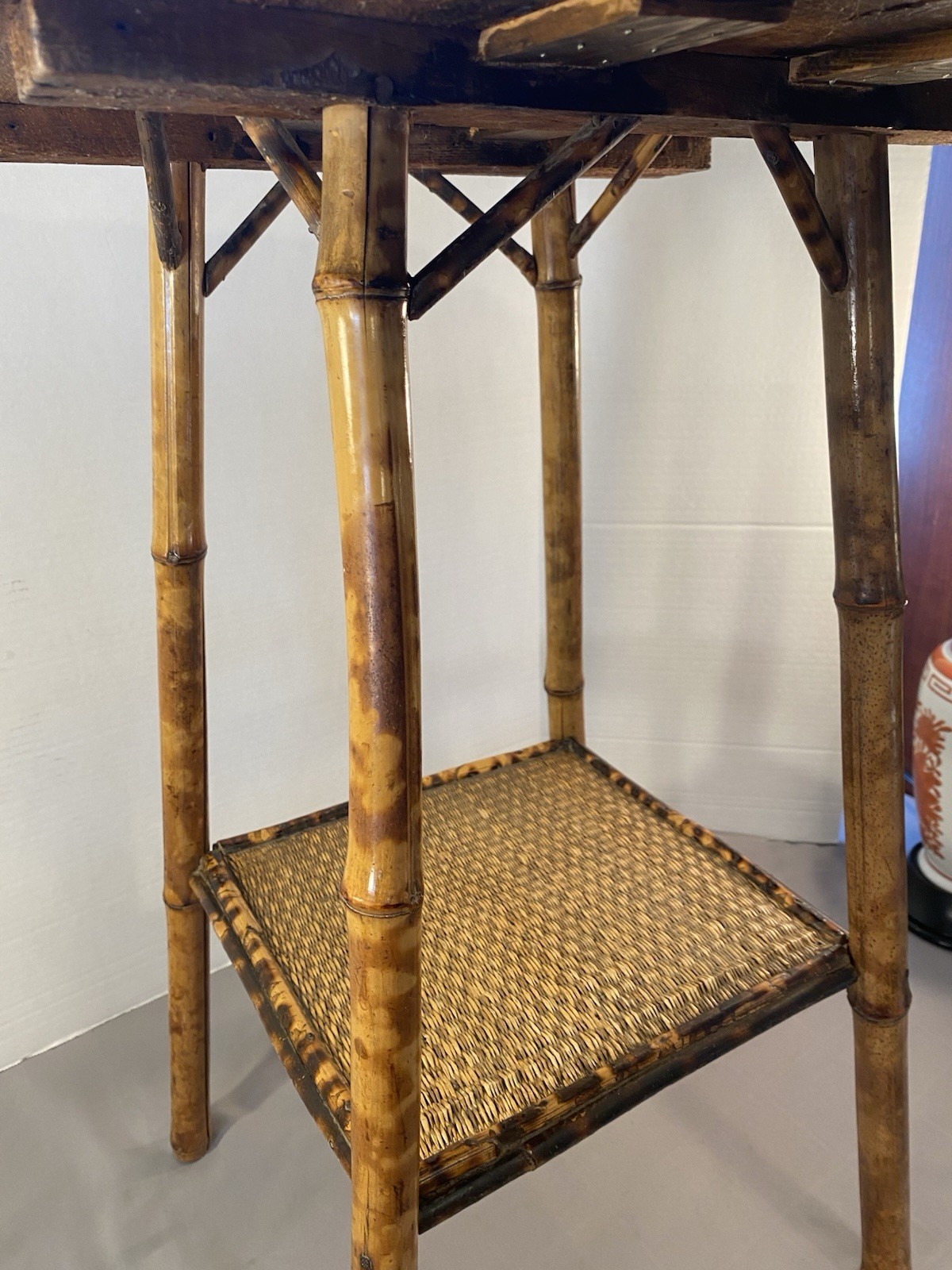 Antique 2 Tier Tiger Bamboo Side Table Victorian Aesthetic Painted Top **READ**