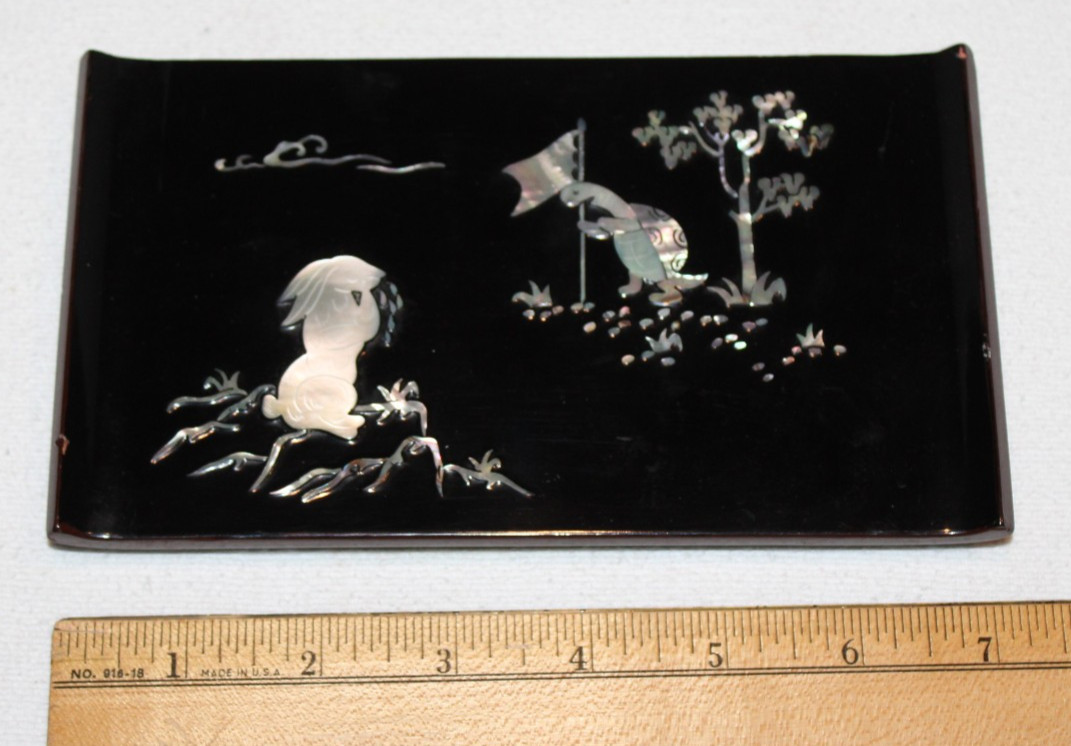 VTG black lacquer cigarette box w/ lid tortoise & the hare race MOP inlay RARE