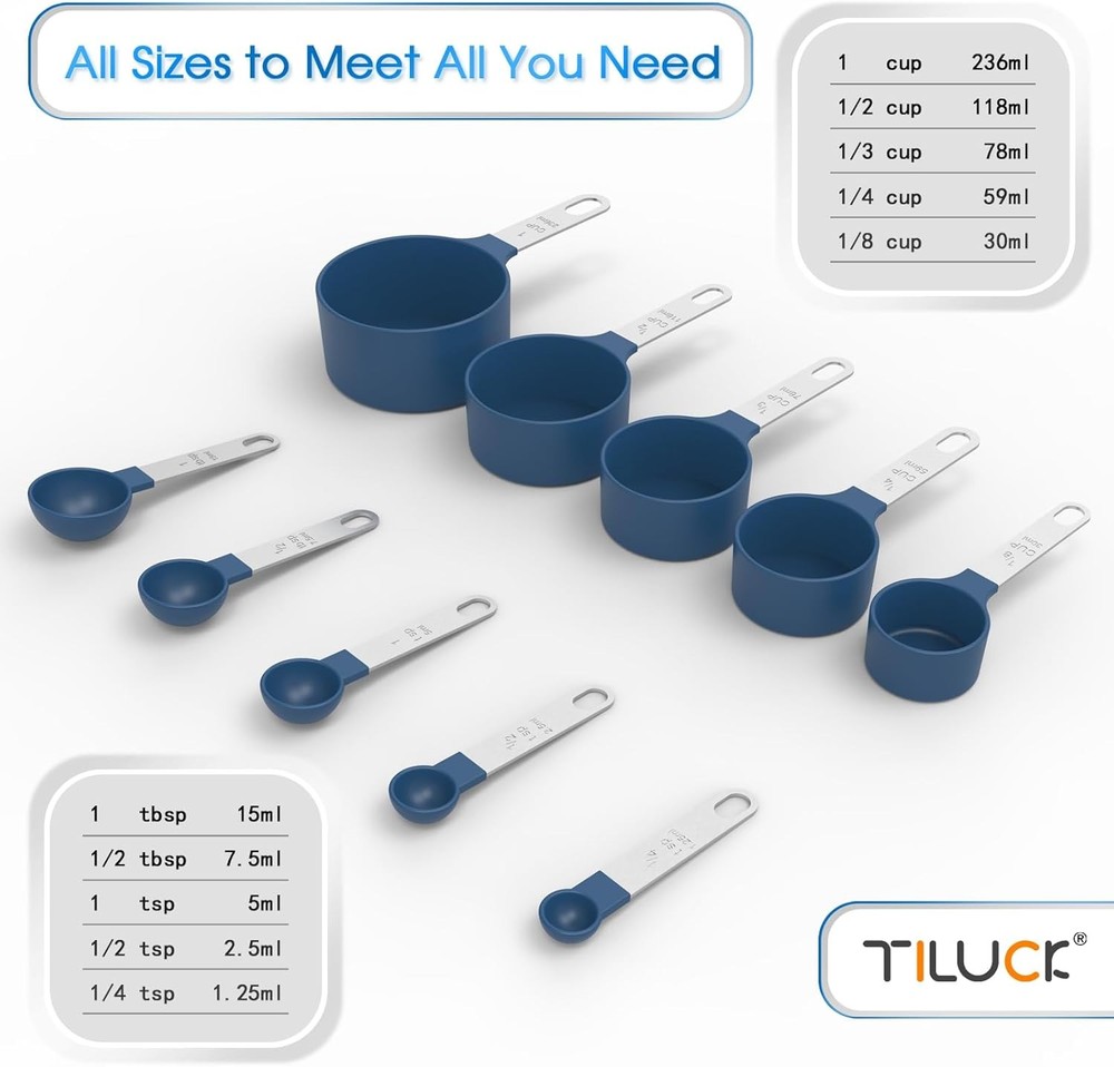 Measuring Cups & Spoons Set Stackable Nesting w/ Stainless Steel Handles Blue