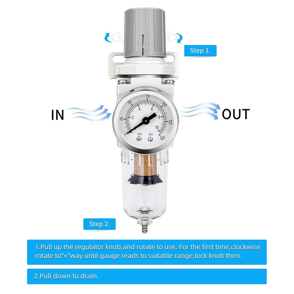 Compressed Air Filter Regulator with Polycarbonate Bowl & Drain Feature