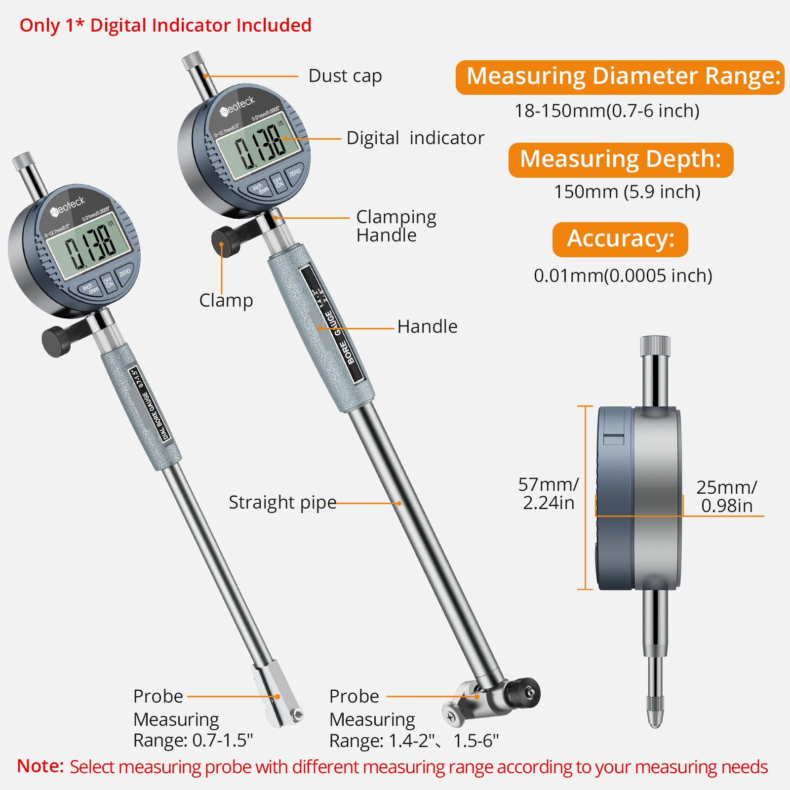Neoteck Digital Dial Bore Gauge 0.7-6"/0.0005" Engine Cylinder Measuring Tool
