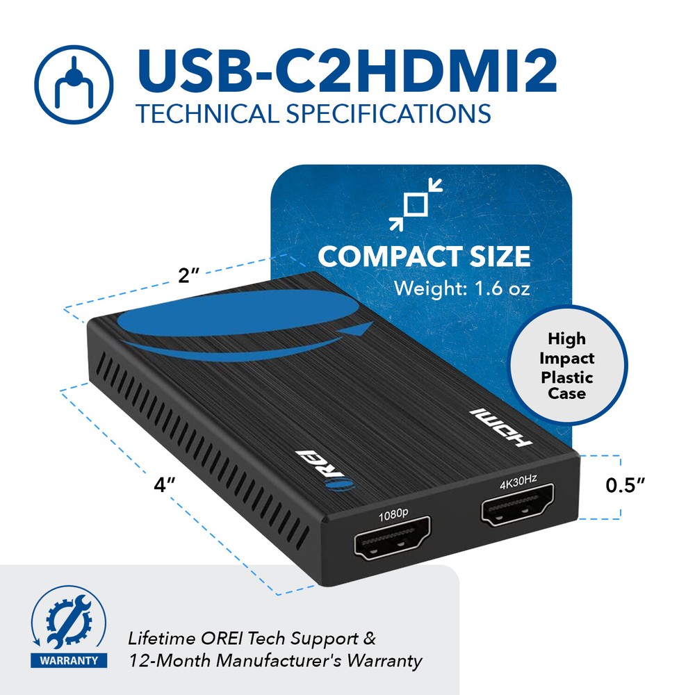 OREI SplitExtend HDMI Splitter Extender For Dual Extended Display (USBC2HDMI2)