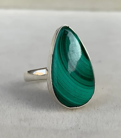 Solid 925Sterling Silver Natural Malachite Pear Gemstone Statement Handmade Ring