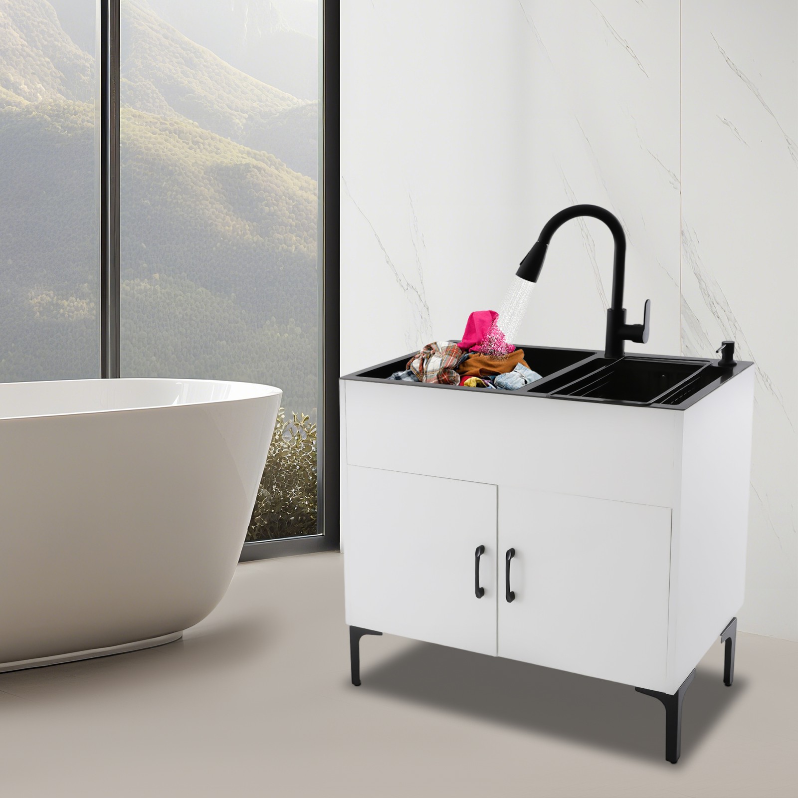 Stainless Steel Sink with Pull-Out Faucet and Cabinet Freestanding Kitchen Sink