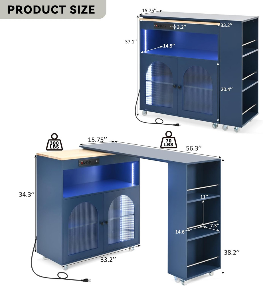 Navy Blue Rolling Kitchen Island with Extendable Table & Power Outlets