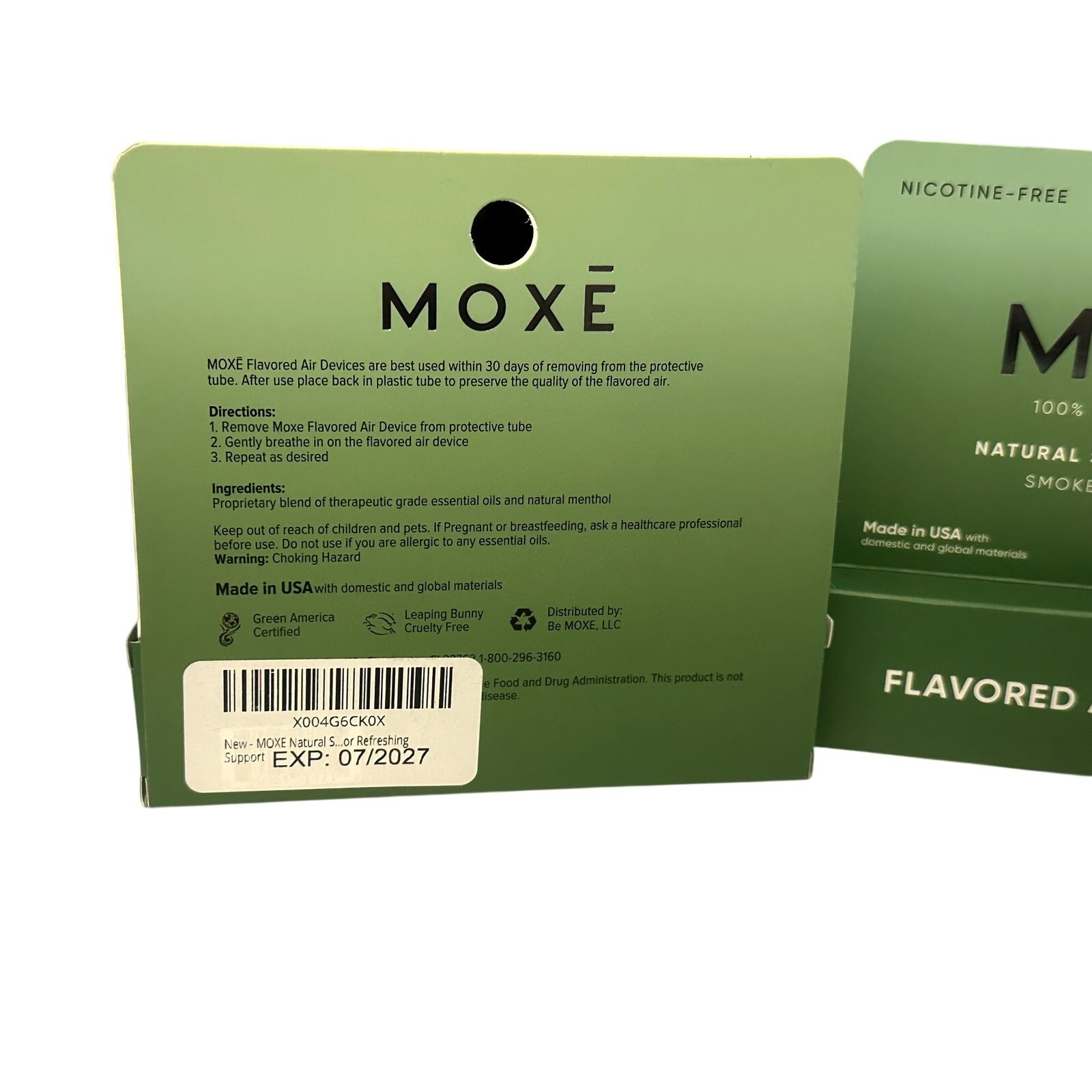 MOXE Natural Spearmint Air Inhaler Spearmint & Menthol Essential Oils 2 Pks New