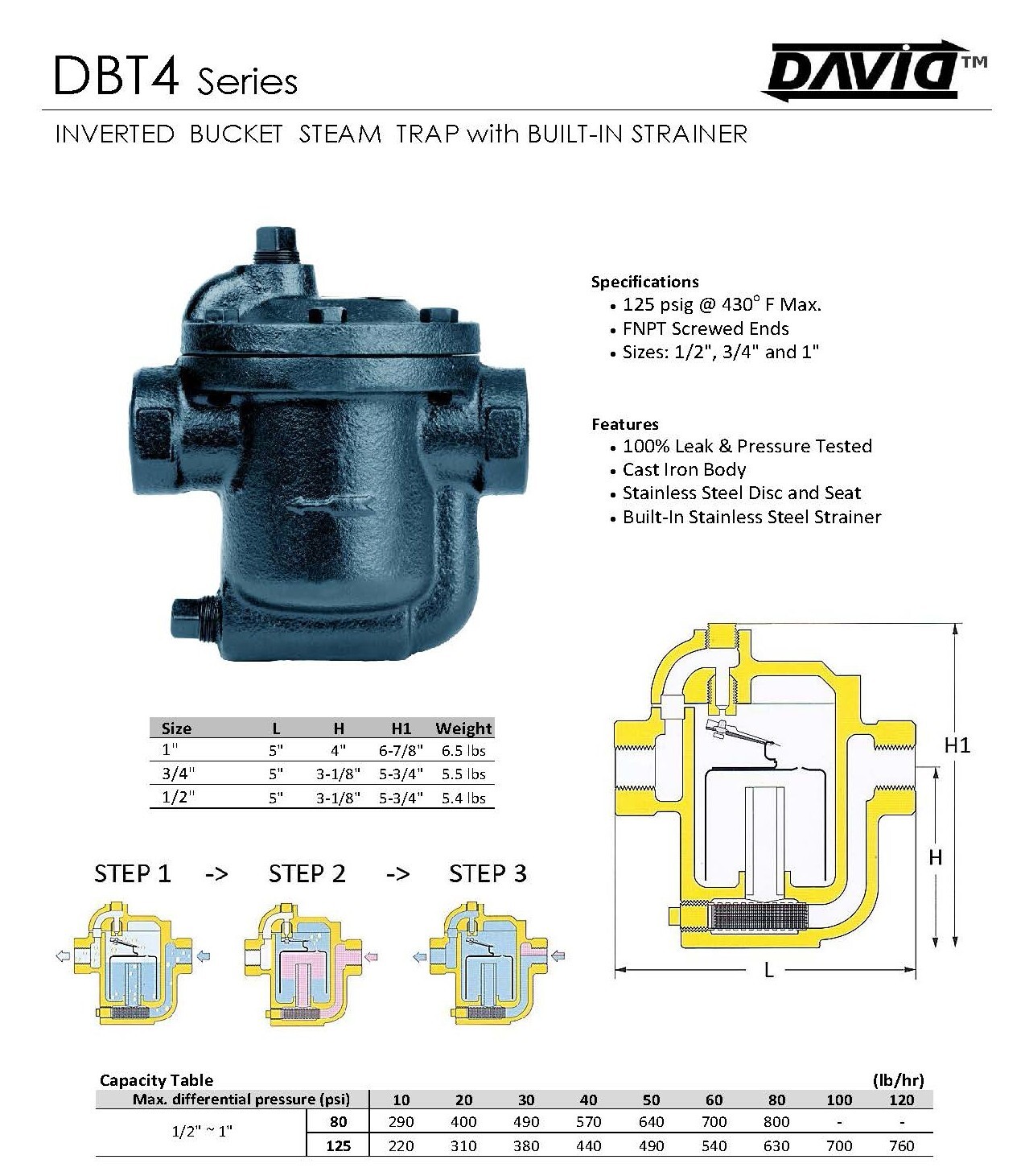 1" DAVID™ Inverted Bucket Steam Trap w/Built-In Strainer & Drain (Max 125 psi)