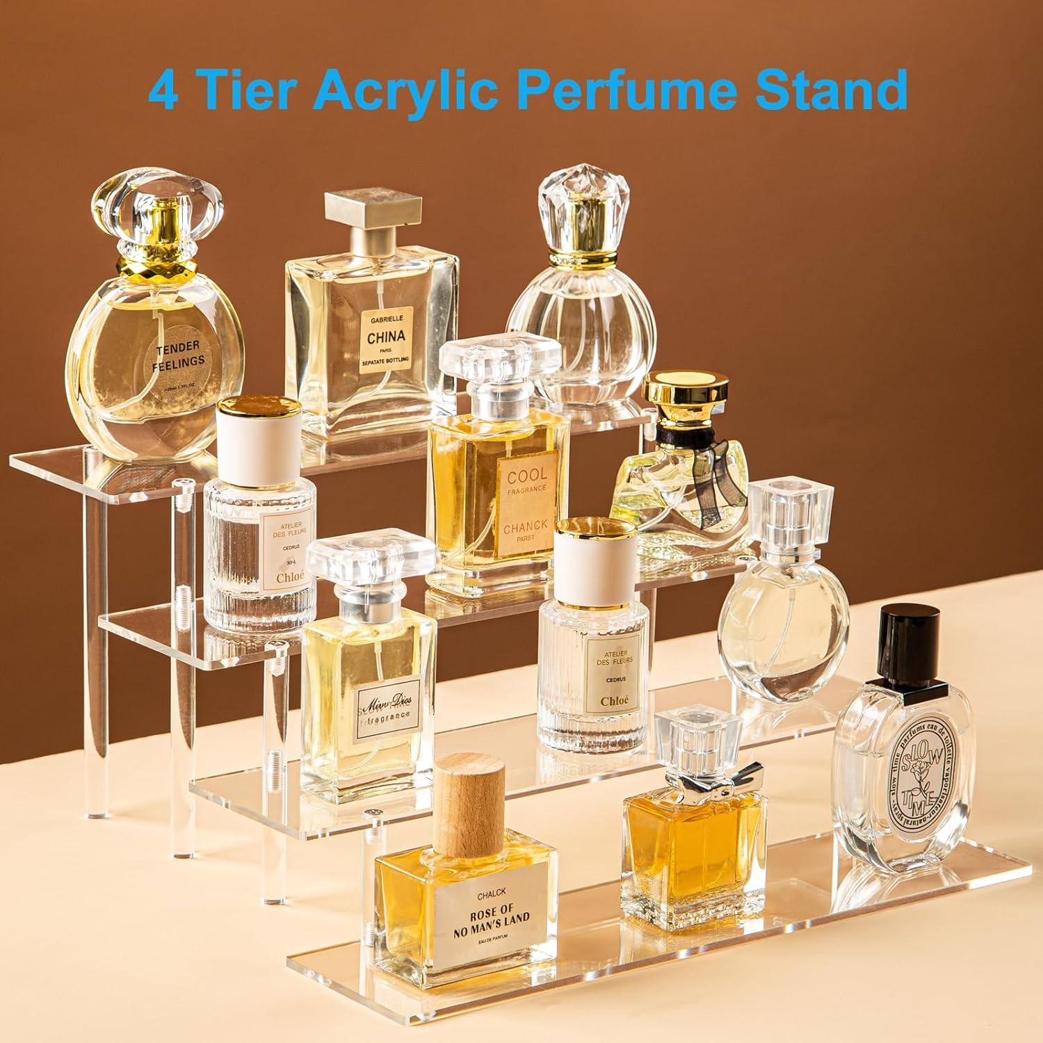 4 Tier Acrylic Perfume Organizer Stand, Clear Display Risers for Perfume, Cologn