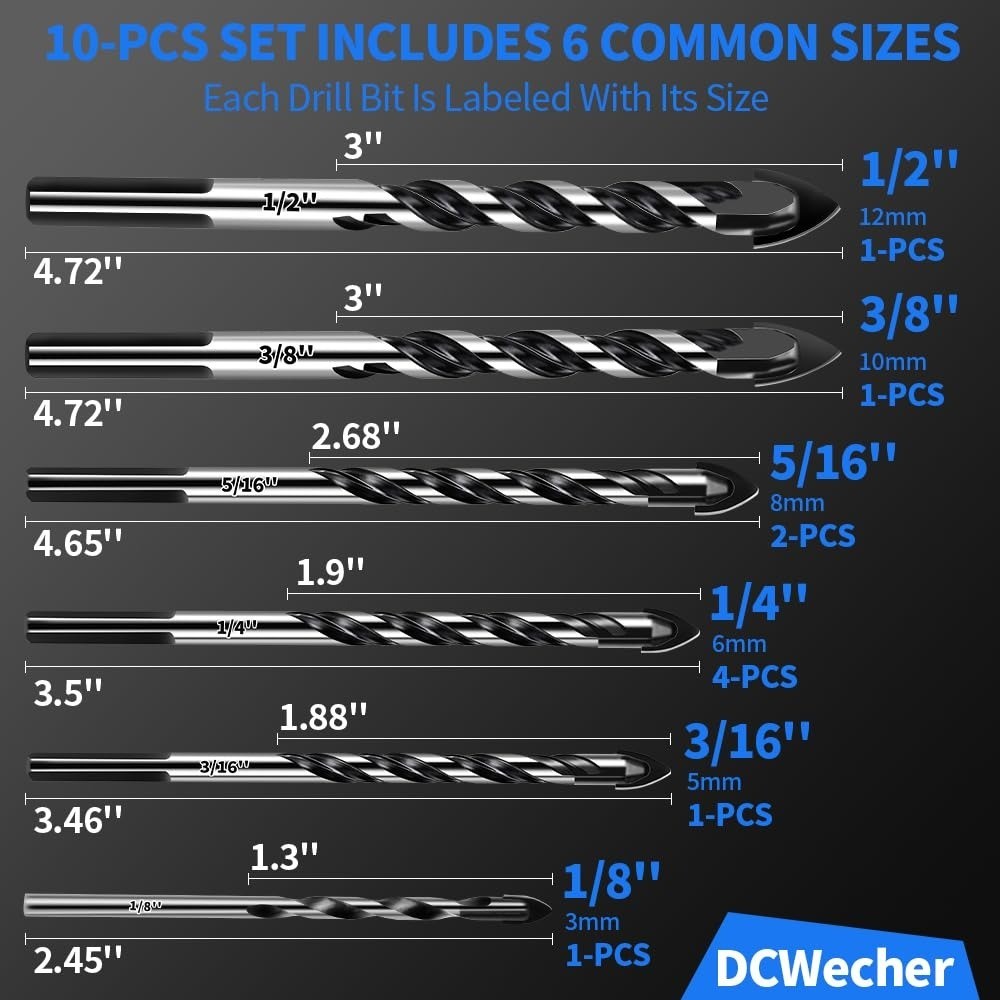 10-PCS Masonry Concrete Drill Bit Set, Heavy-Duty Masonry Drill Bits for Concret