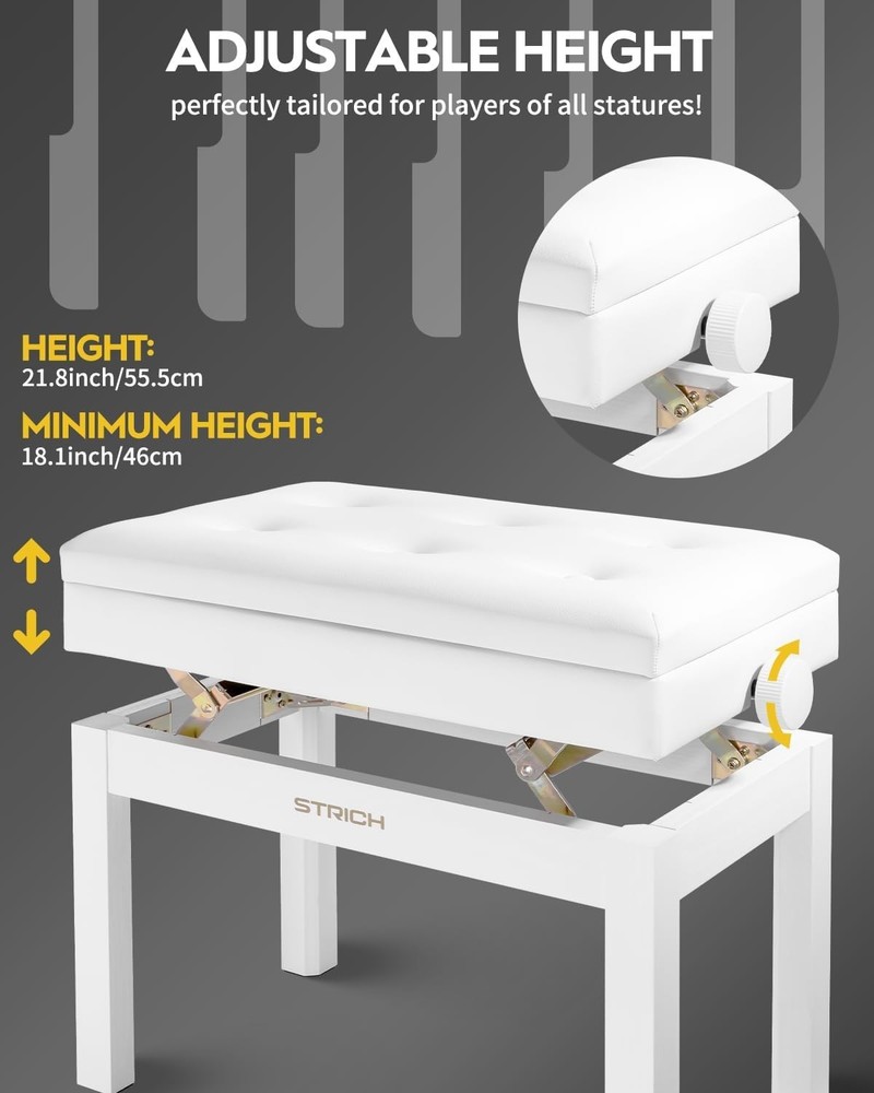 STRICH Adjustable Cushioned Piano Bench w/ Storage (WHITE)