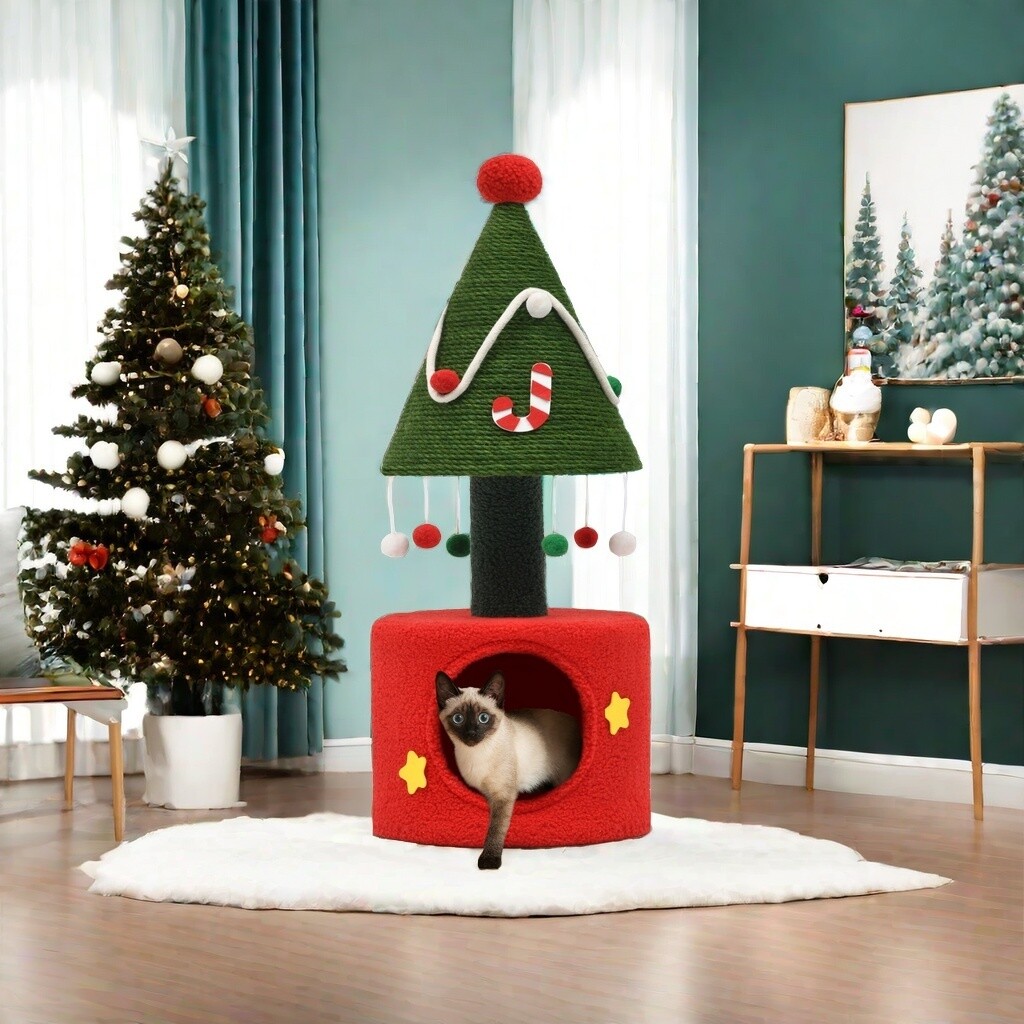 Christmas Cat Tree with Cat House Cat Tower for Indoor Cats with Cat Condos