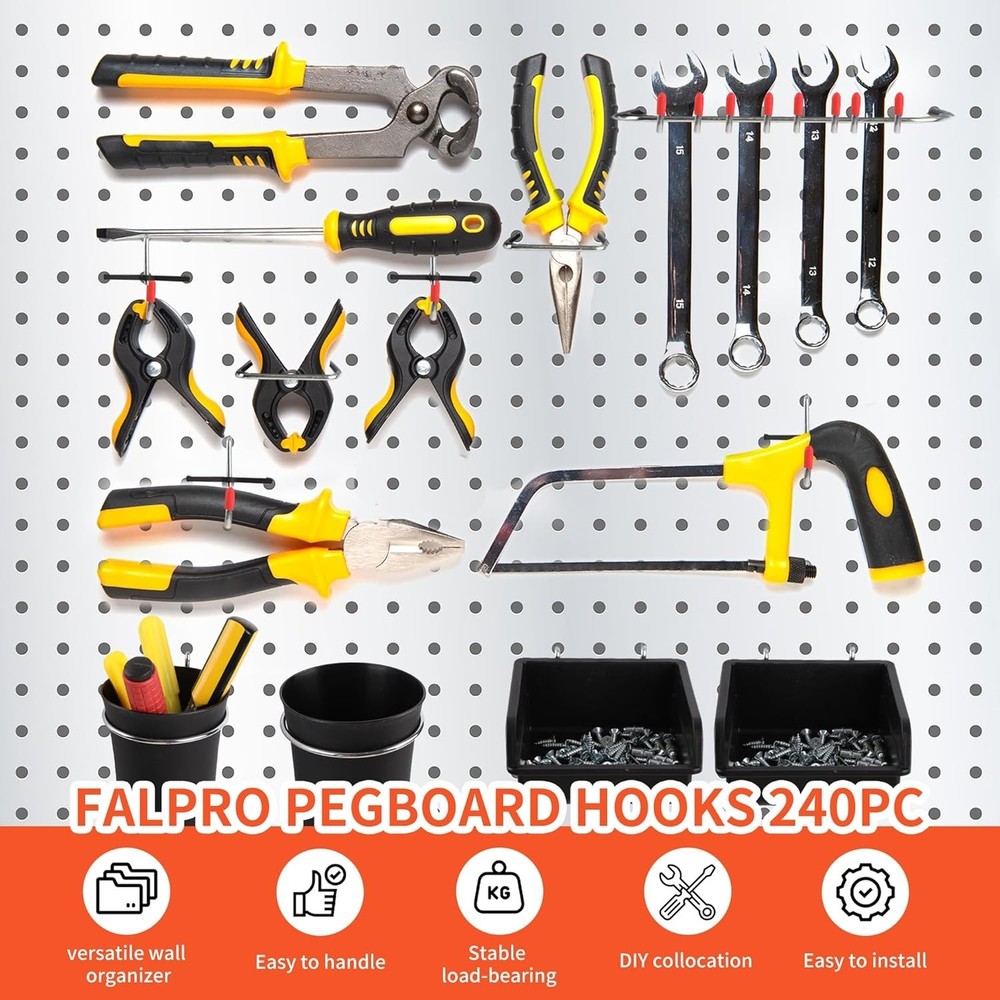 Durable Rust-Resistant Pegboard Hooks Set - 240 Count for Garage and Workshop