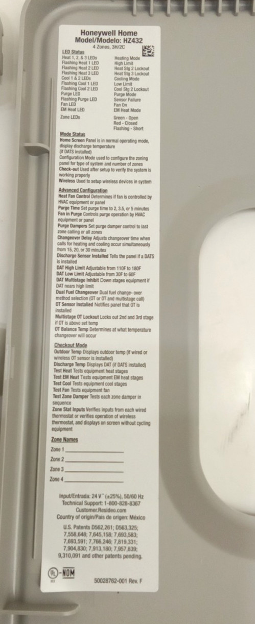 Honeywell TrueZone HZ432 Panel Multi-Stage 4-Zones 3H/2C 18-30VAC 50/60Hz