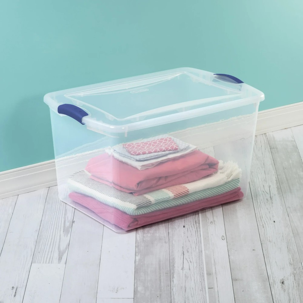 (4 pack) Sterilite Large Storage Bin, 66 Quart Clear Plastic Storage Container