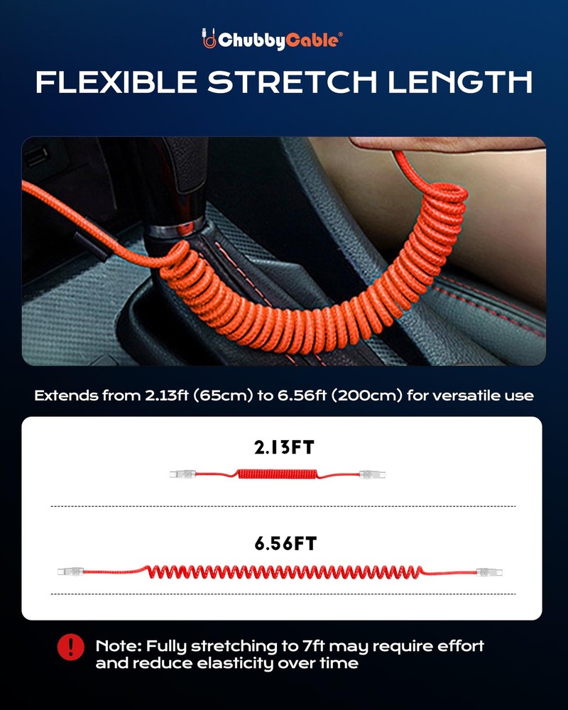 chubbycable Curly Chubby 240W Coiled USB C Fast Charging Cable Durable Orange