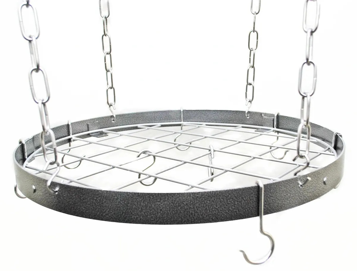 Rogar Round Pot Rack with Grid Hammered Steel / Chrome