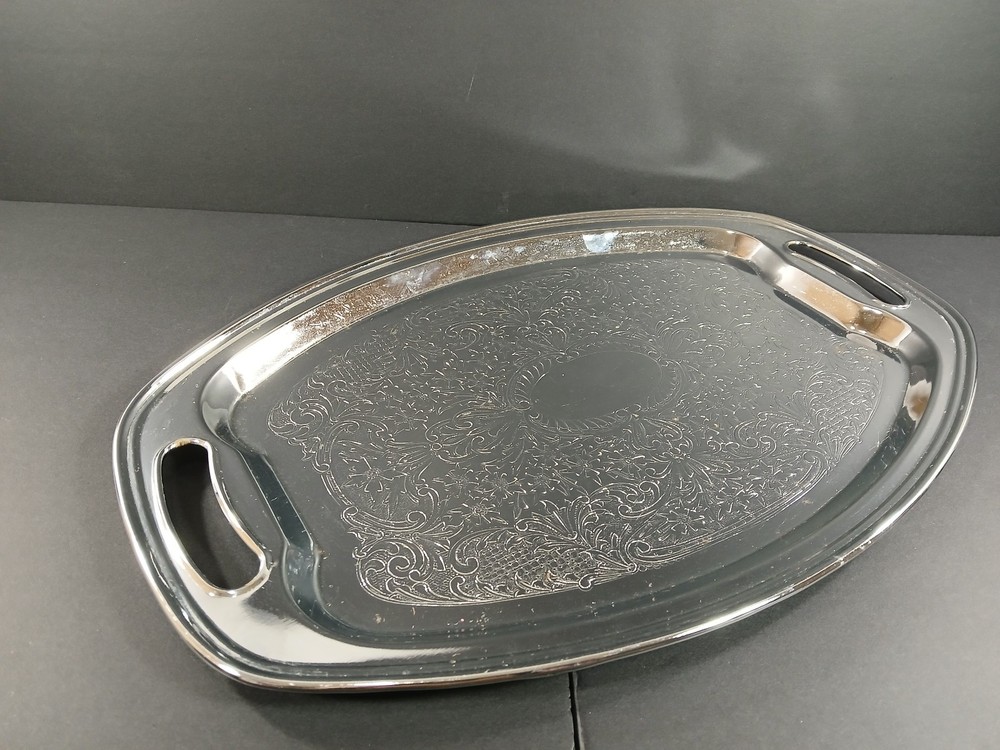 Vintage Chrome-plated Oval Serving Tray w/ Decorative Engraved Ornate Detailing