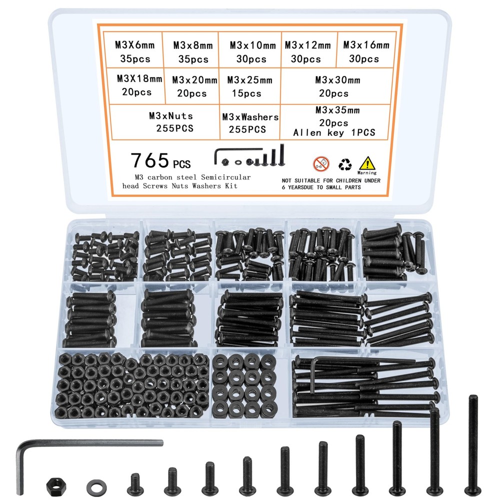 QOOSIKICC 765 Pcs M3 Bolt and Nut Kit - Hex Socket Button Head Cap M3, Black