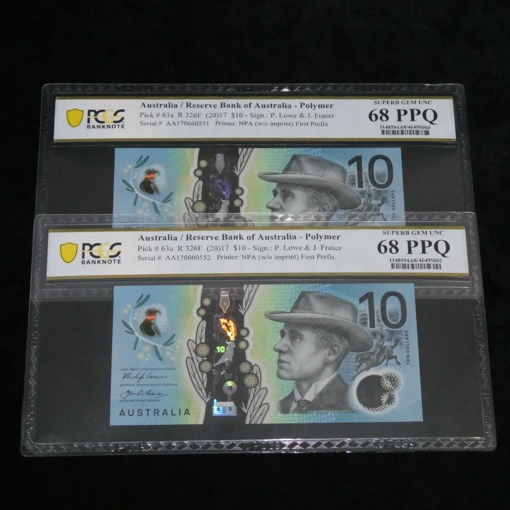 Australia 2017 $10 First Prefix AA17 Consecutive Pair Lowe Fraser Notes PCGS ...