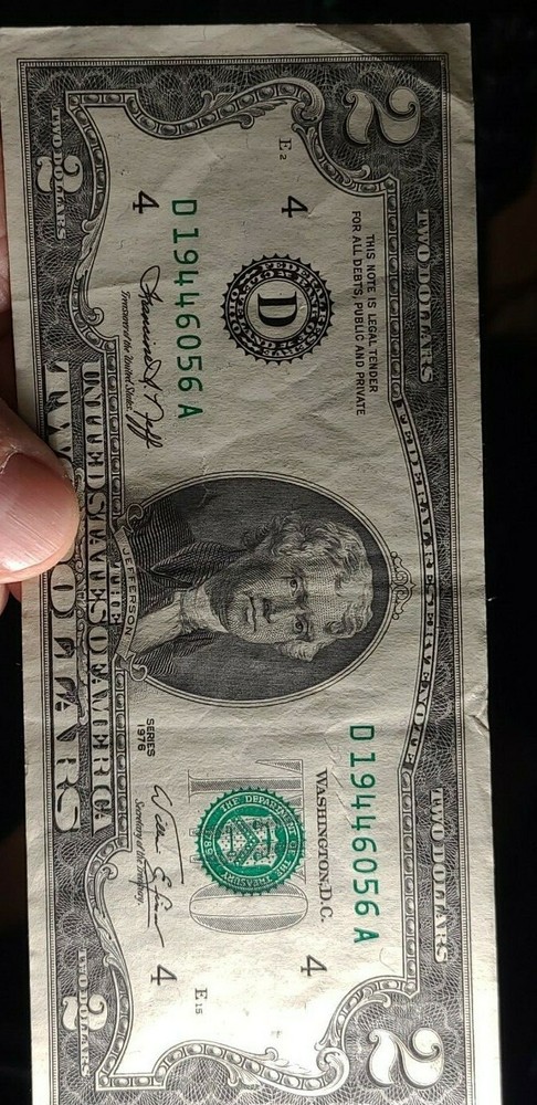 1976 $2 note alignment Shift over-inking error AU [almost uncirculated] folds