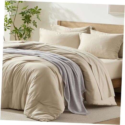 Queen Comforter Set with Sheets, 7 Piece Comforter Set Queen Queen/Full Beige