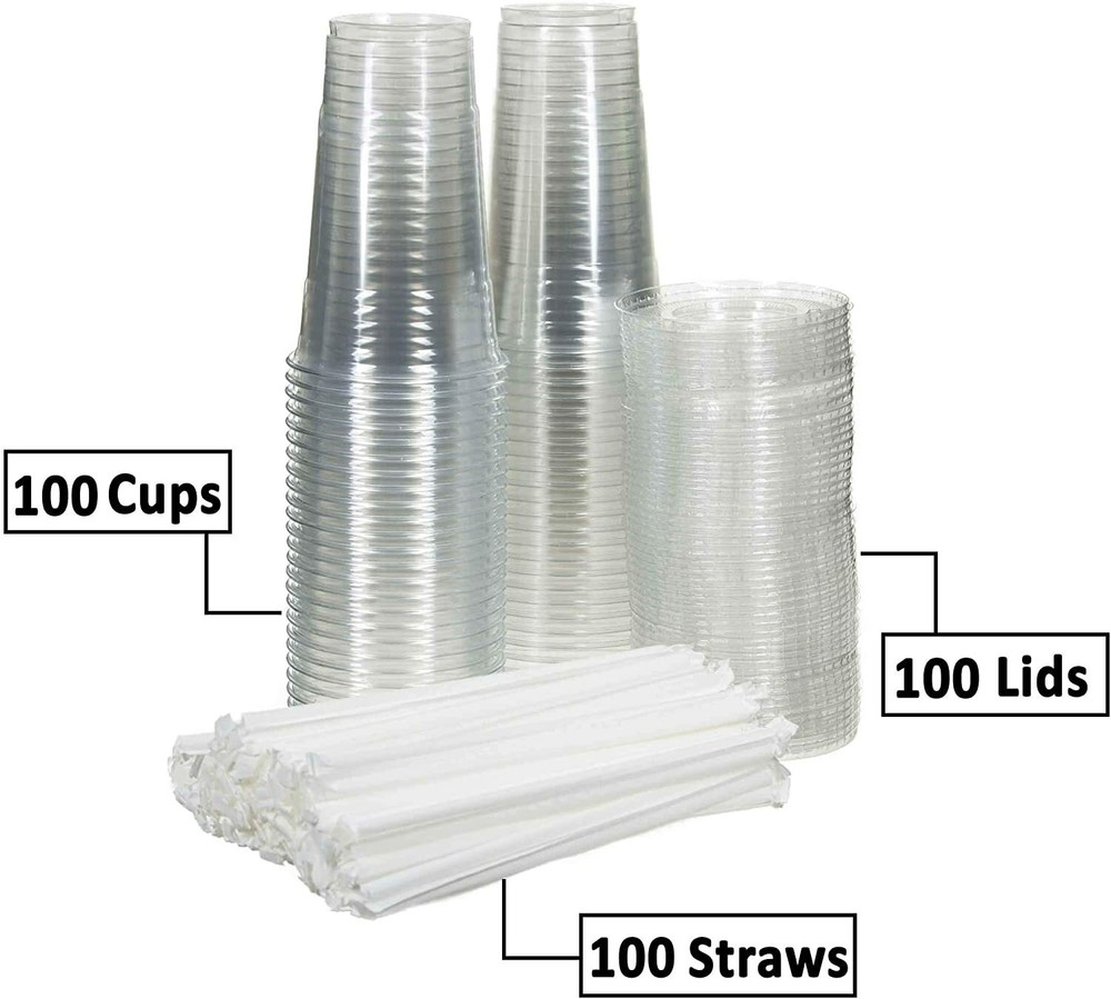 [400 Sets - 16oz.] Disposable Clear Plastic Cups with Flat Lids and Straws