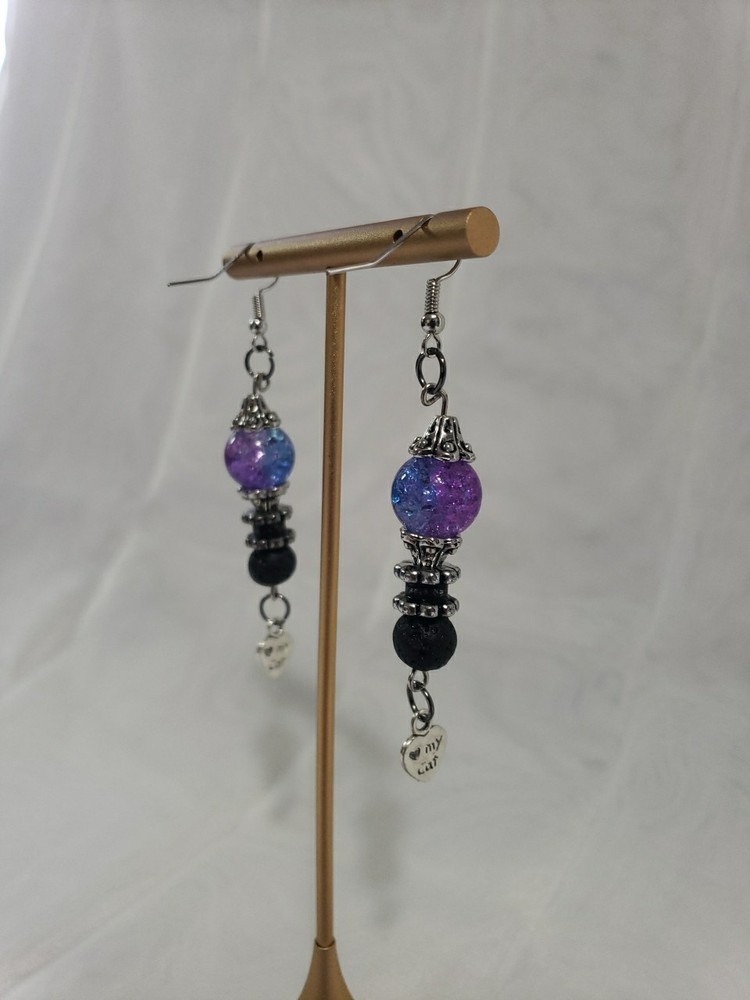 Long Dangly ❤ My Cat/Lava Stone Diffusing Earrings Handmade