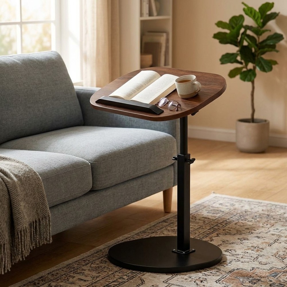 Walnut Height Adjustable Swivel Side Table, C-Shaped Sofa End Table