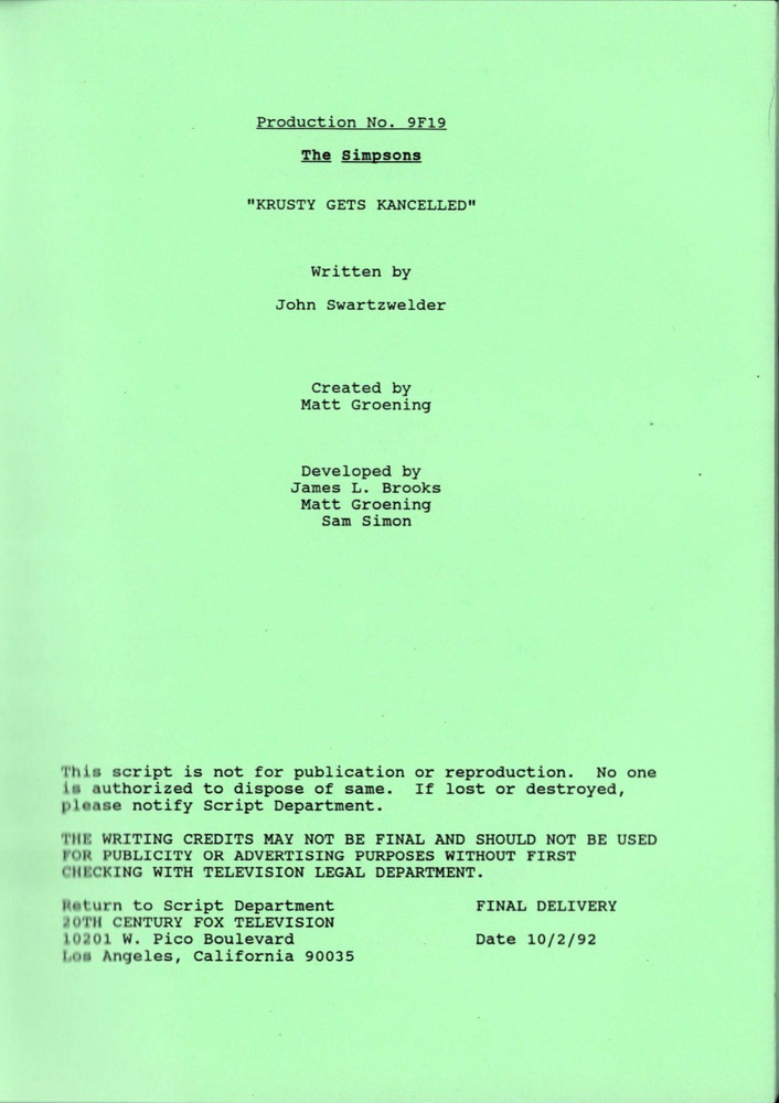 THE SIMPSONS PRODUCTION SCRIPT no. 9F19 "Krusty Gets Kancelled" s4e22 - 10/2/92