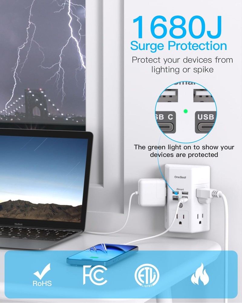 1680J 3 Side Power Strip Multi Plug Expander, Surge Protector, 5 Outlets Extende